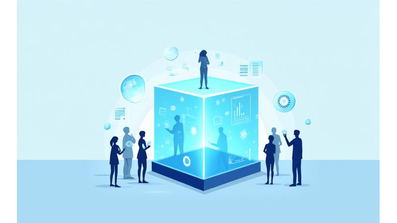 Ilustración conceptual de transparencia de datos con iconos de información y personas interactuando con una pantalla protegida por un escudo, en un estilo limpio y digital, con predominio de azules y blancos.