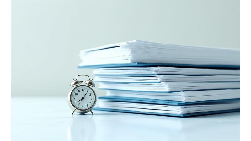 Pila de documentos legales y un reloj, simbolizando la importancia y gestión del tiempo en los términos y condiciones, con un enfoque en la claridad y la accesibilidad para el usuario, en tonos azules y grises.