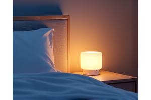 Dormitorio tranquilo con una cama inteligente y un dispositivo de seguimiento del sueño cerca de la mesita de noche.